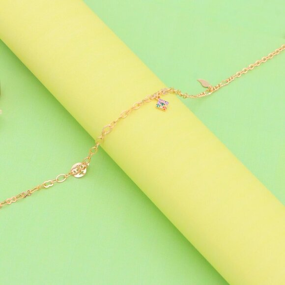 "Rose Gold Anklet with Rainbow Charm and Leaf Accents, XPAL1039 - Picture 3 of 12